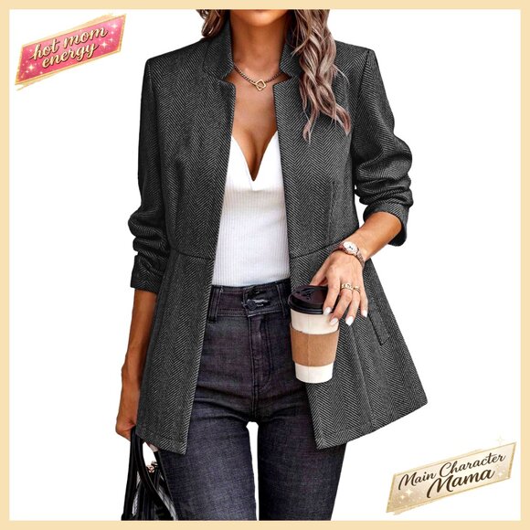 Women's Herringbone Blazer Open Front Business Casual Long Sleeve Jacket